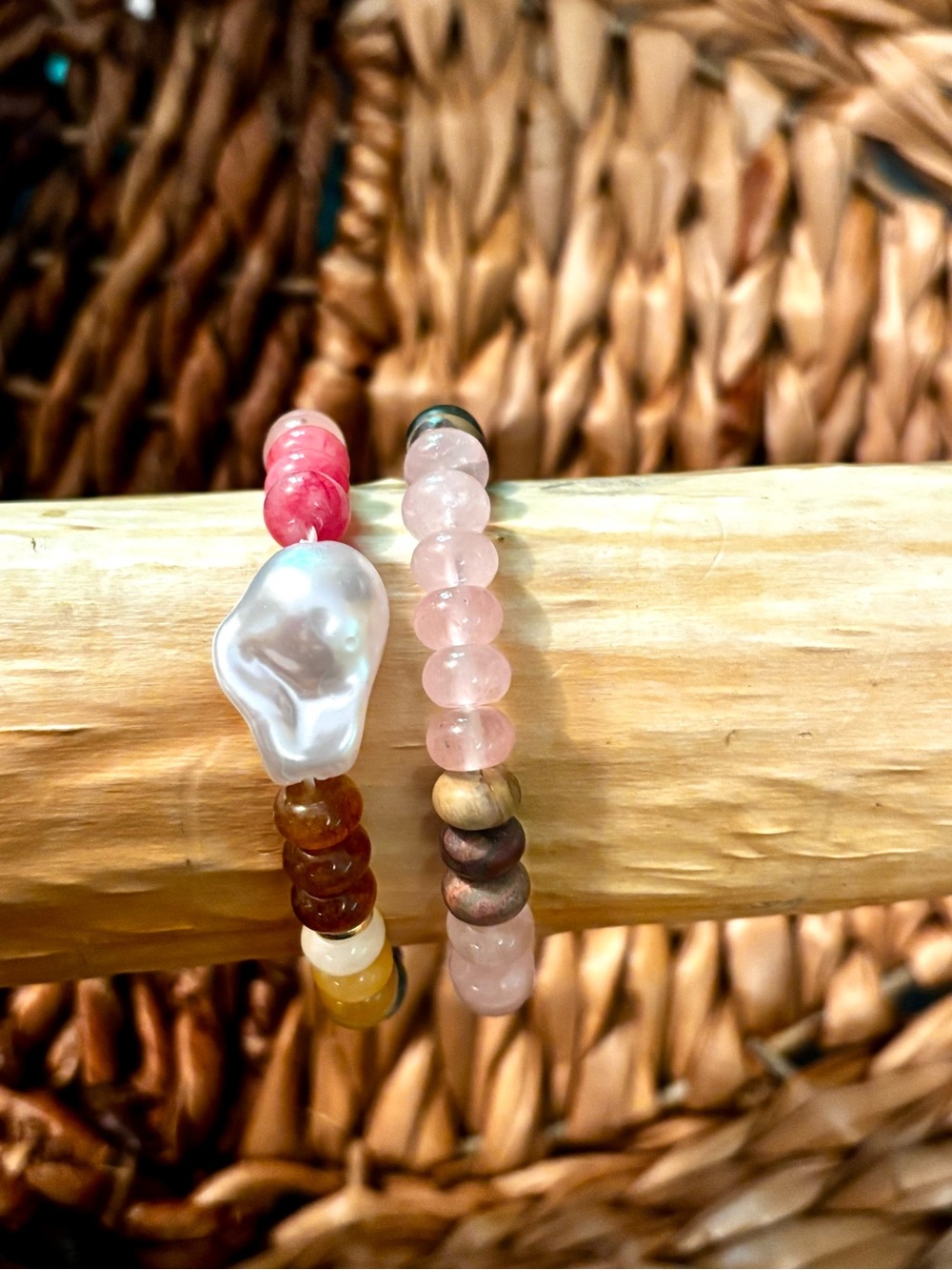 Stackable Natural Stone Pink, Brown, Gray Stretch Bracelets Pearl Accent